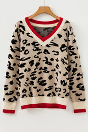 Leopard Pattern V-neck Ribbed Sweater in Leopard, back view