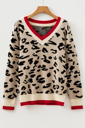 Leopard Pattern V-neck Ribbed Sweater in Leopard, back view