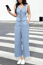 Light blue lace-up tie front crop top and wide leg pants set