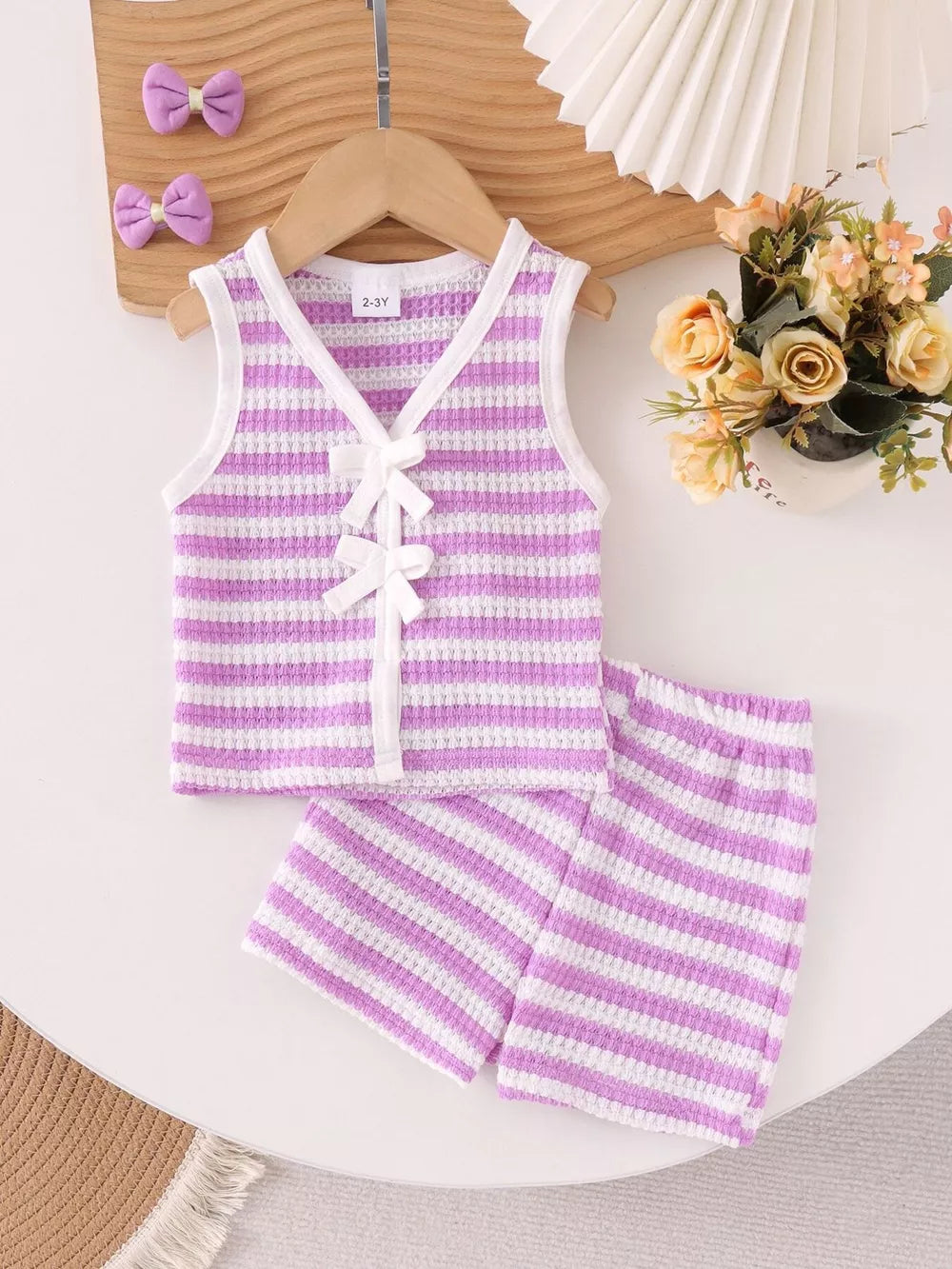 Children's Striped Knit Vest And Shorts Set in Black, back view