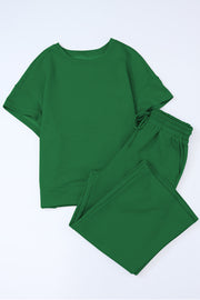 Green textured knit tee and wide leg pants set with drawstring waist