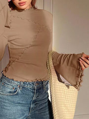 Khaki lettuce edge flare sleeve t-shirt with lettuce edge hem and cuffs.