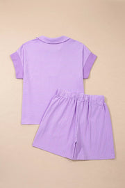 Purple striped polo shirt and drawstring shorts set, cotton loungewear for women.