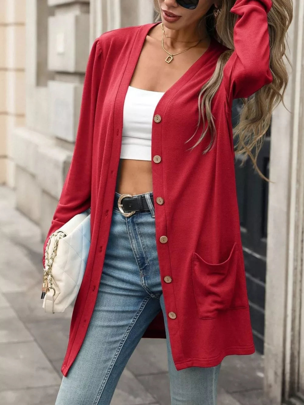 V-neck Button-up Long Sleeve Cardigan in Blue with buttoned