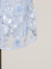 Blue mini dress with floral appliques and pearl details