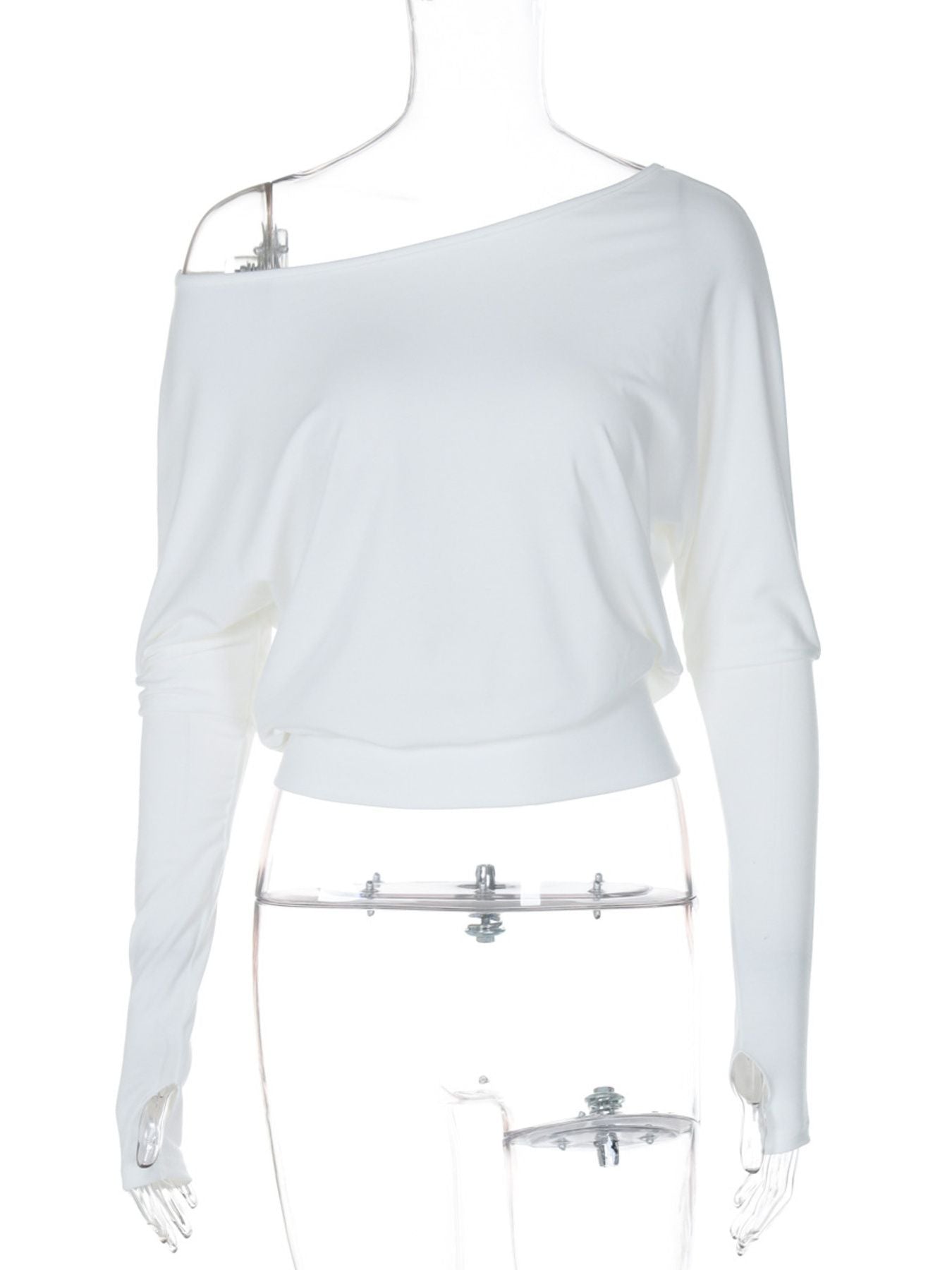 White cropped boat neck long-sleeve tee with thumbholes