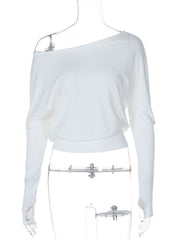 White cropped boat neck long-sleeve tee with thumbholes