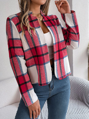 Collarless plaid cropped jacket in red, white, and blue, with a relaxed fit.