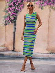 Striped knit sleeveless midi dress in green and blue with yellow accents.