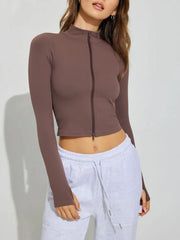 Chocolate high-neck cropped active zip top with long sleeves and thumbholes