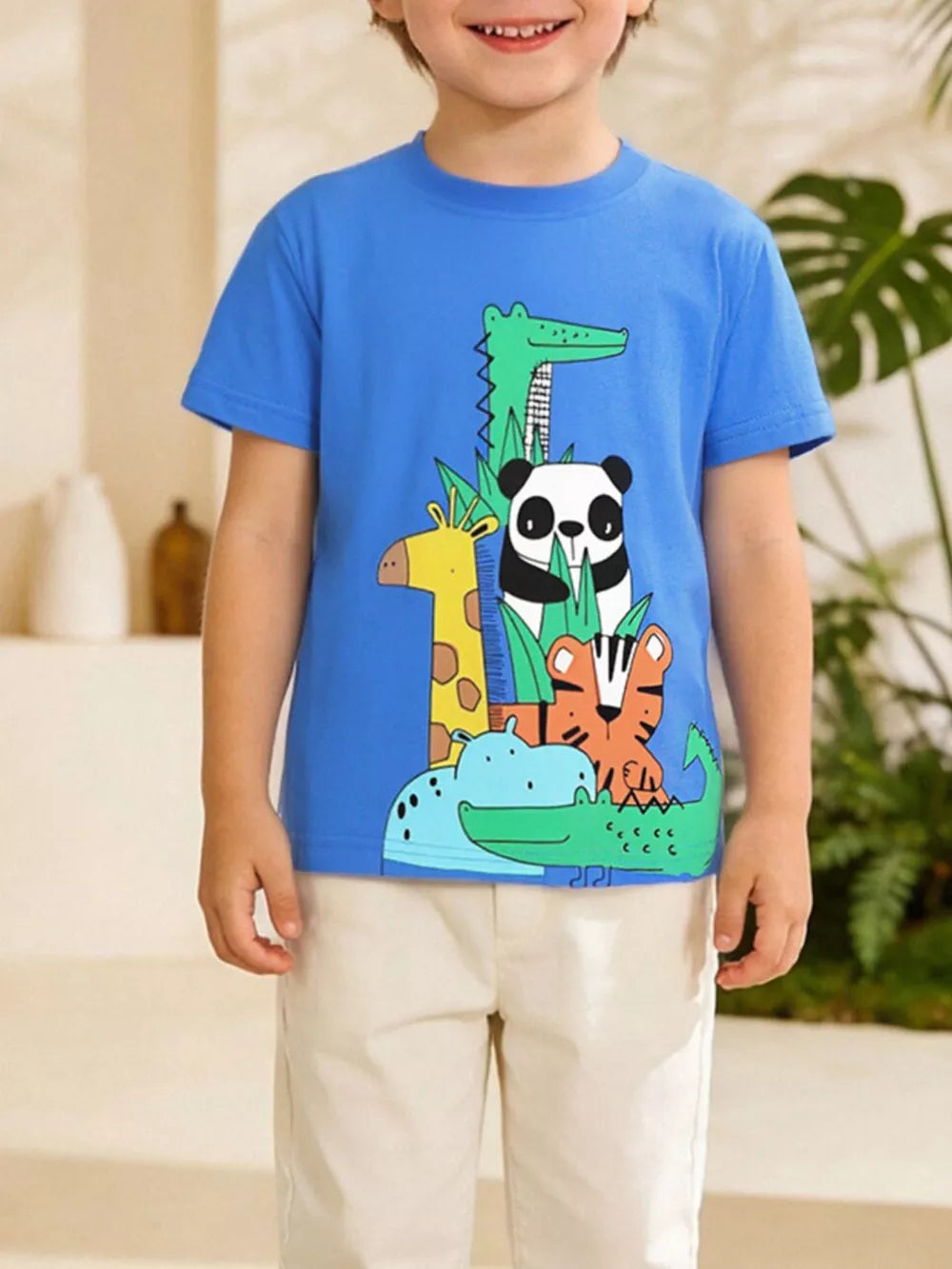 Blue cotton t-shirt with whimsical animal graphic for kids