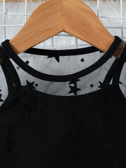 Black cami with sheer star overlay and scoop neck.