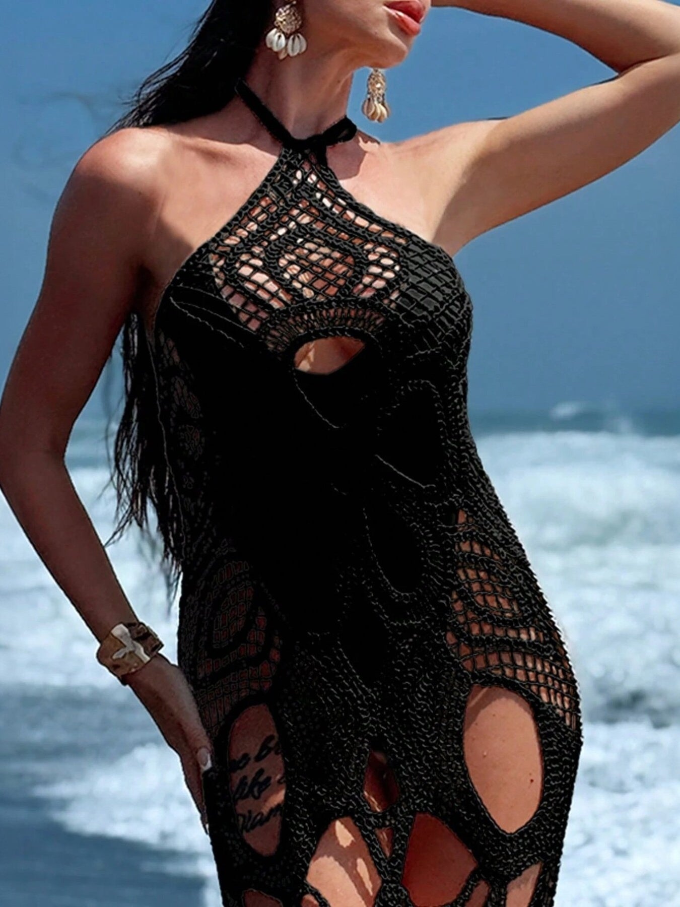Intricate Cutout Halter Cover-up Dress