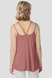 Double strap trapeze cami in dusty pink with crisscross back detail.