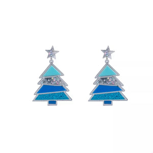 Blue and aqua layered Christmas tree dangle earrings with star tops and confetti detail.