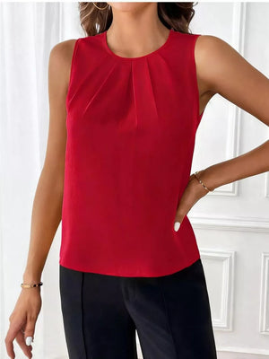 Red pleated neckline sleeveless tank top with a round neck.