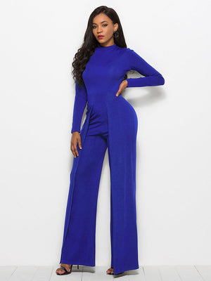 Royal blue high-waisted palazzo jumpsuit with slit front and long sleeves.