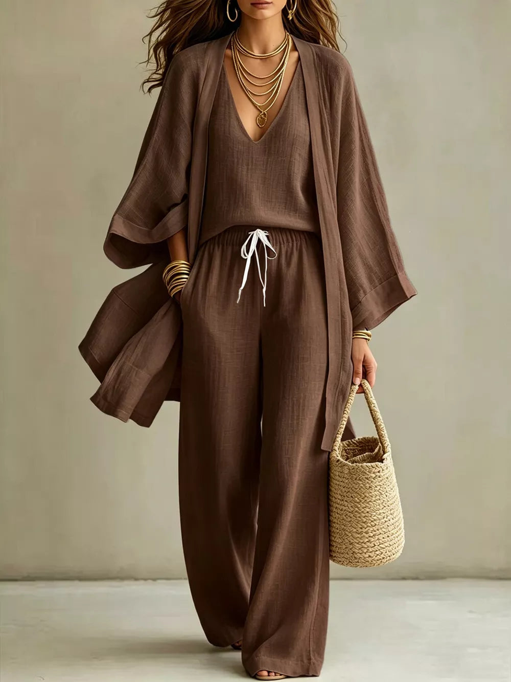 Relaxed V-neck Top And Cardigan Set