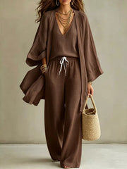 Relaxed V-neck Top And Cardigan Set