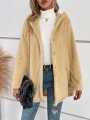 Pastel yellow teddy bear hooded button-up jacket with button details