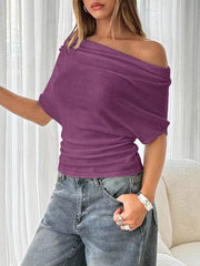 Ruched off-shoulder knit t-shirt in wine red with short sleeves.
