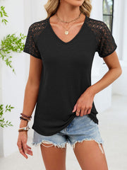 Black waffle knit t-shirt with lace short sleeves and V-neck.