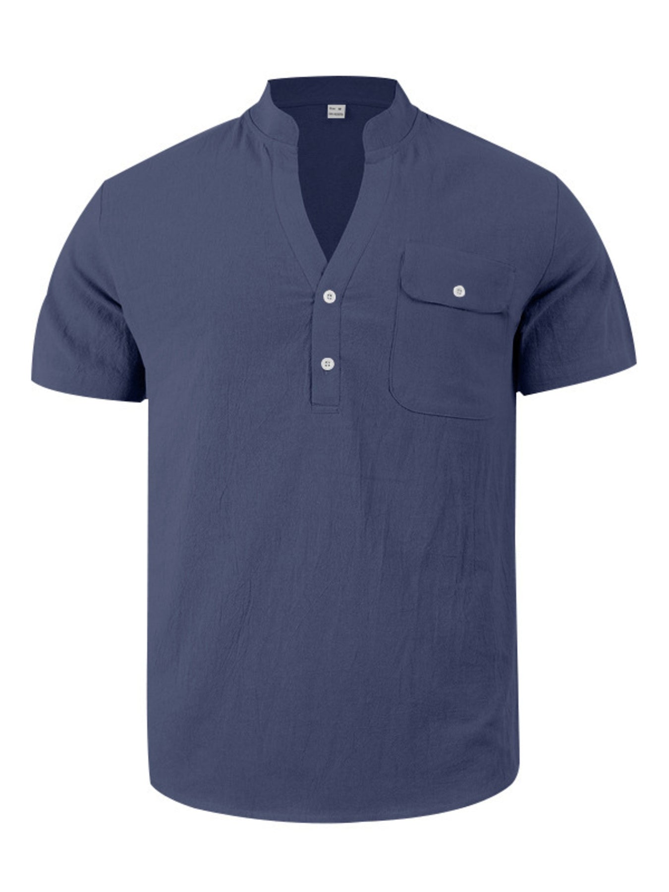 Navy blue cotton band collar short sleeve shirt with two chest pockets and button detail