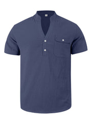 Navy blue cotton band collar short sleeve shirt with two chest pockets and button detail