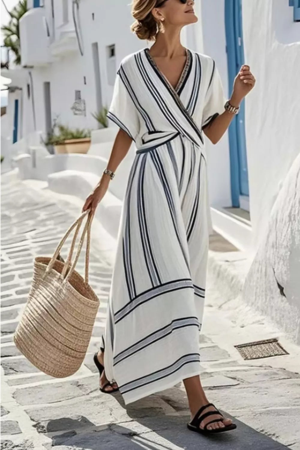 Chic striped wrap maxi dress in white with dark navy stripes, V-neck, short sleeves, and flowing skirt.