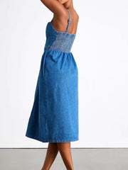 Denim midi dress with smocked bodice and pockets