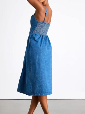 Denim midi dress with smocked bodice and pockets