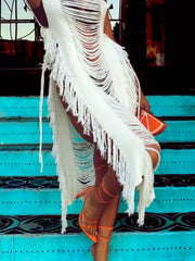 White distressed fringe midi dress with square neck and bodycon fit.