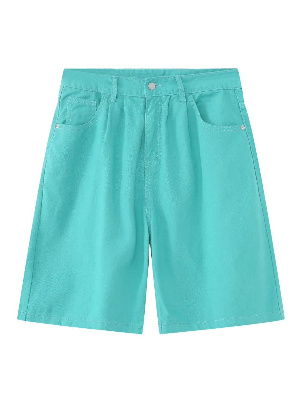Teal pleated Bermuda shorts with button closure and front pockets.
