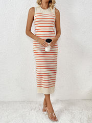 Striped ribbed sleeveless midi dress in cream with orange stripes, crew neck, bodycon fit.