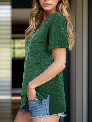 Dark Green relaxed fit tee with V-neck, short sleeves, and chest pocket. Slit hem detail.