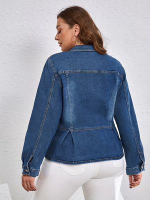 Blue denim trucker jacket with peplum detail and button cuffs