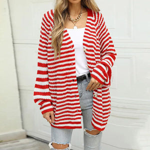 Red and white striped button-up knit cardigan with a V-neck and long sleeves.