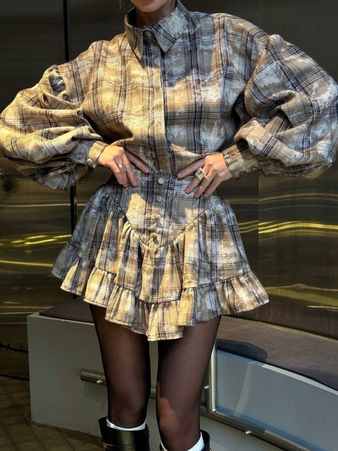 Plaid puff sleeve shirt and ruffled hem mini skirt set in beige.