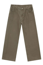 Taupe elastic waist straight-leg denim jeans with a casual, basic style.