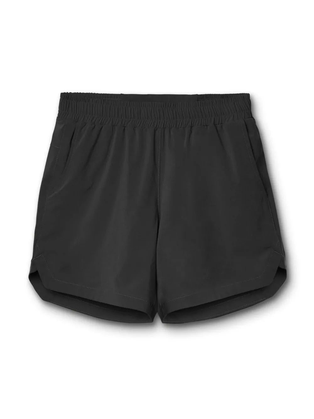 Black performance drawstring running shorts with elastic waistband and side pockets.