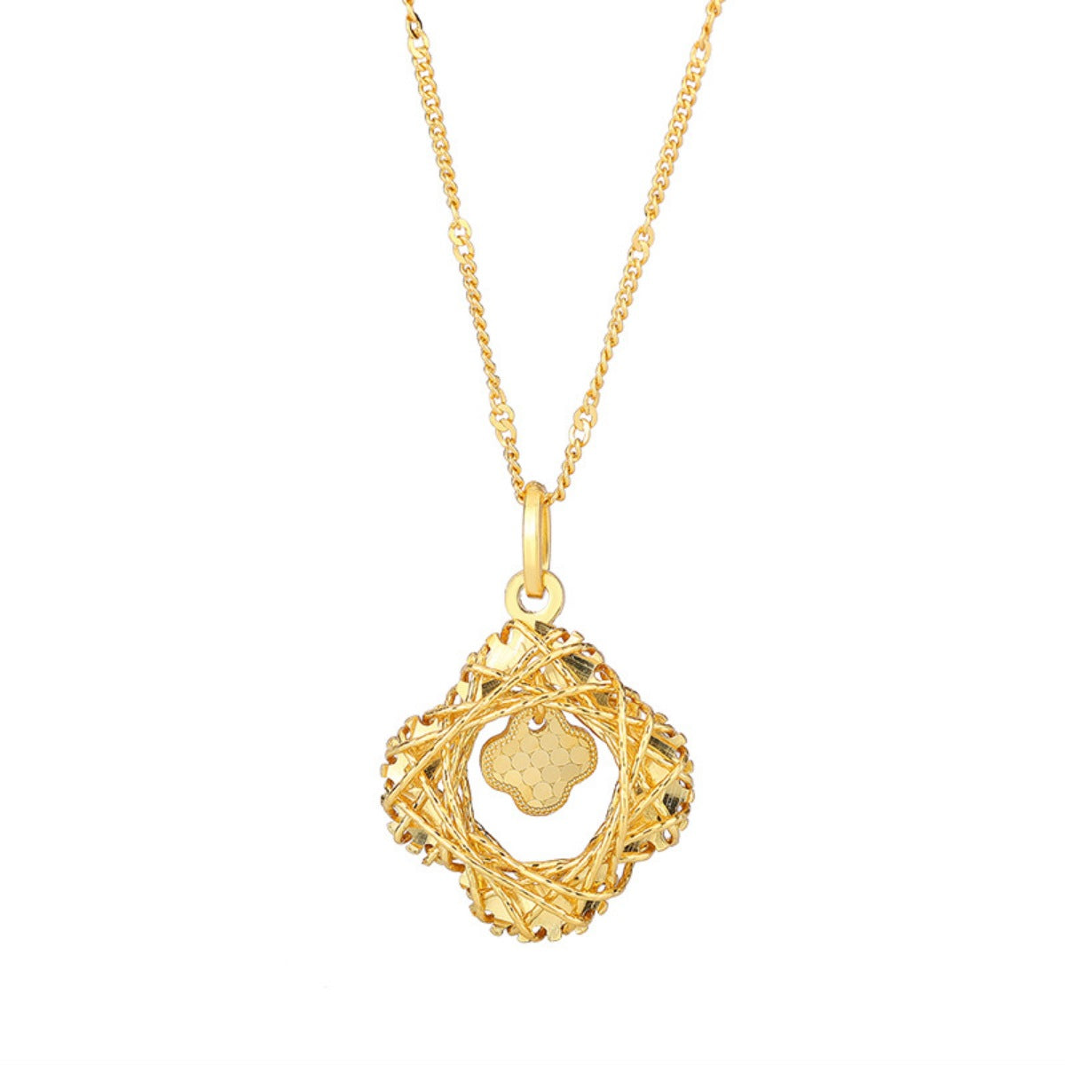 Gold clover pendant necklace with intricate woven frame.