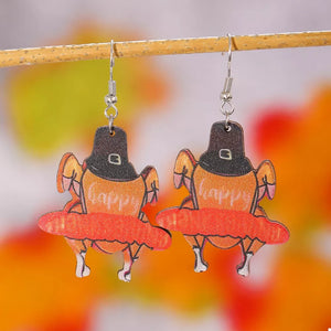 Thanksgiving turkey charm dangle earrings with "happy" text, acrylic.