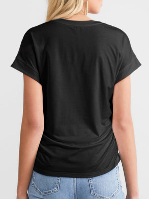 Black seamed front ruched sleeve tee with cuffed short sleeves.
