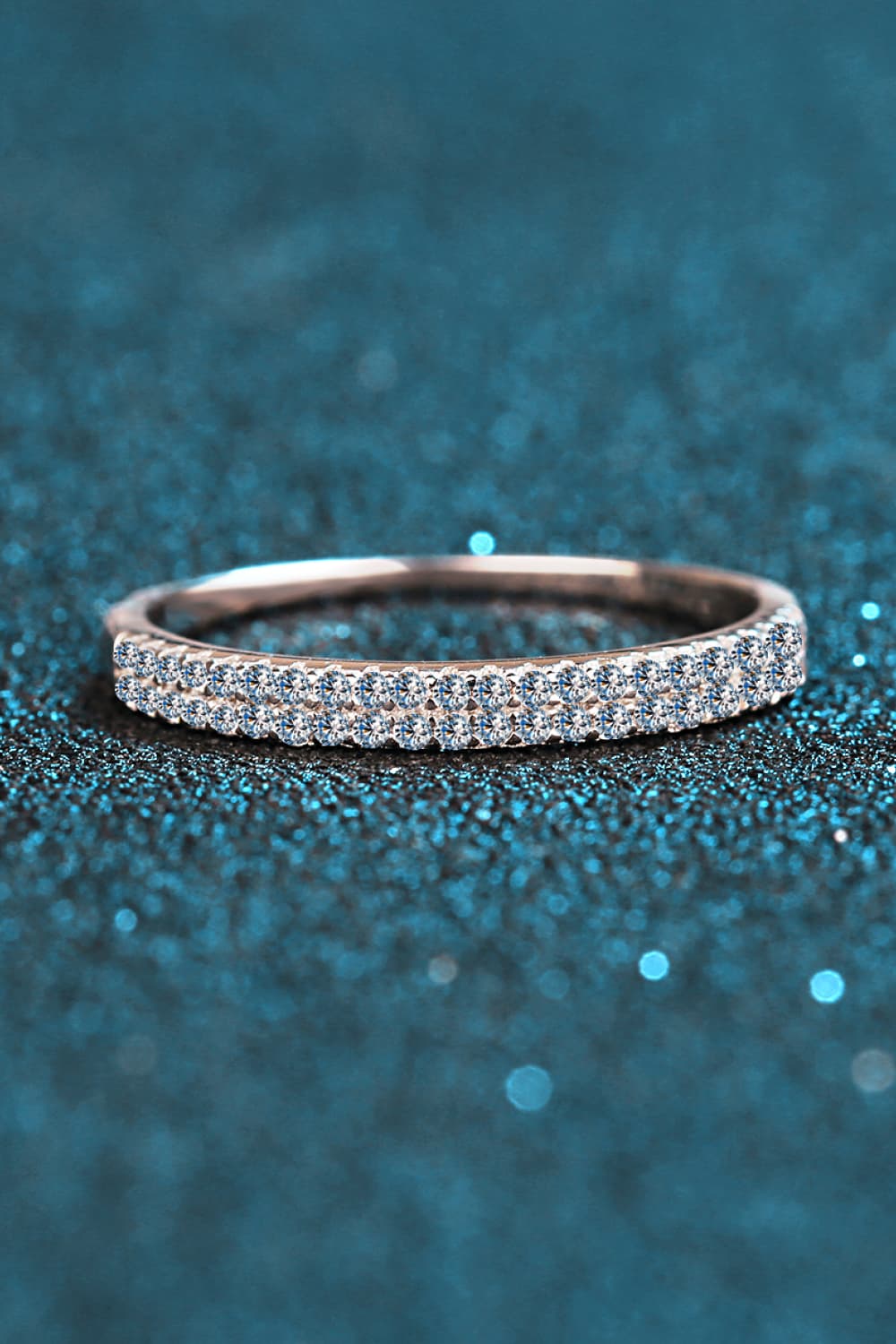 Pavé band sterling silver ring with two rows of clear stones