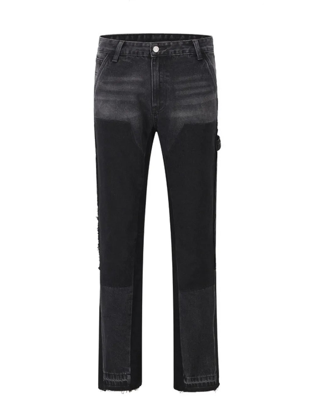 Black two-tone carpenter jeans with straight leg fit and distressed details.