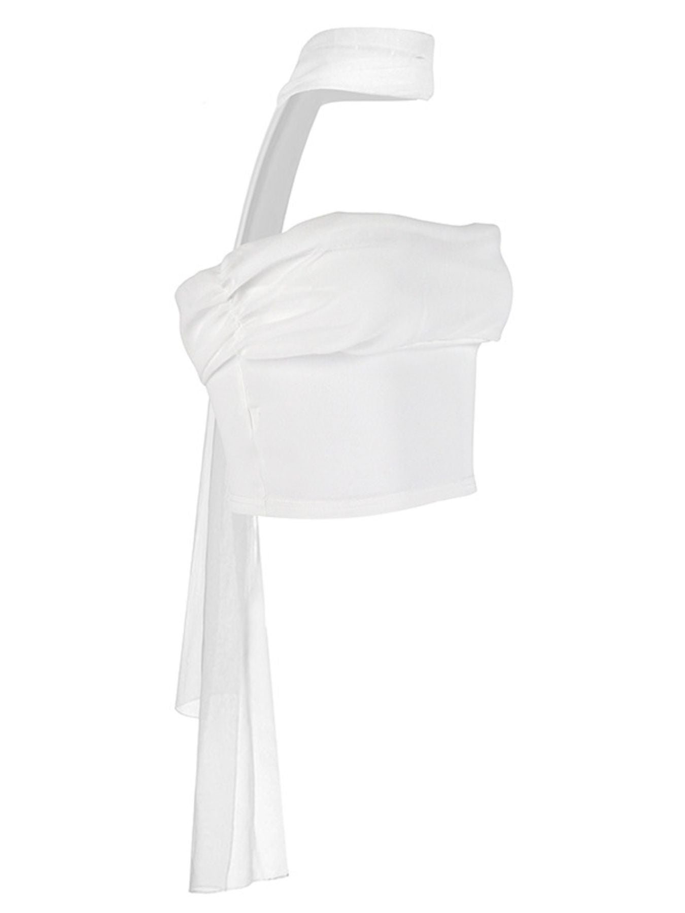 White ruched tube top with sheer scarf detail and halter neck.