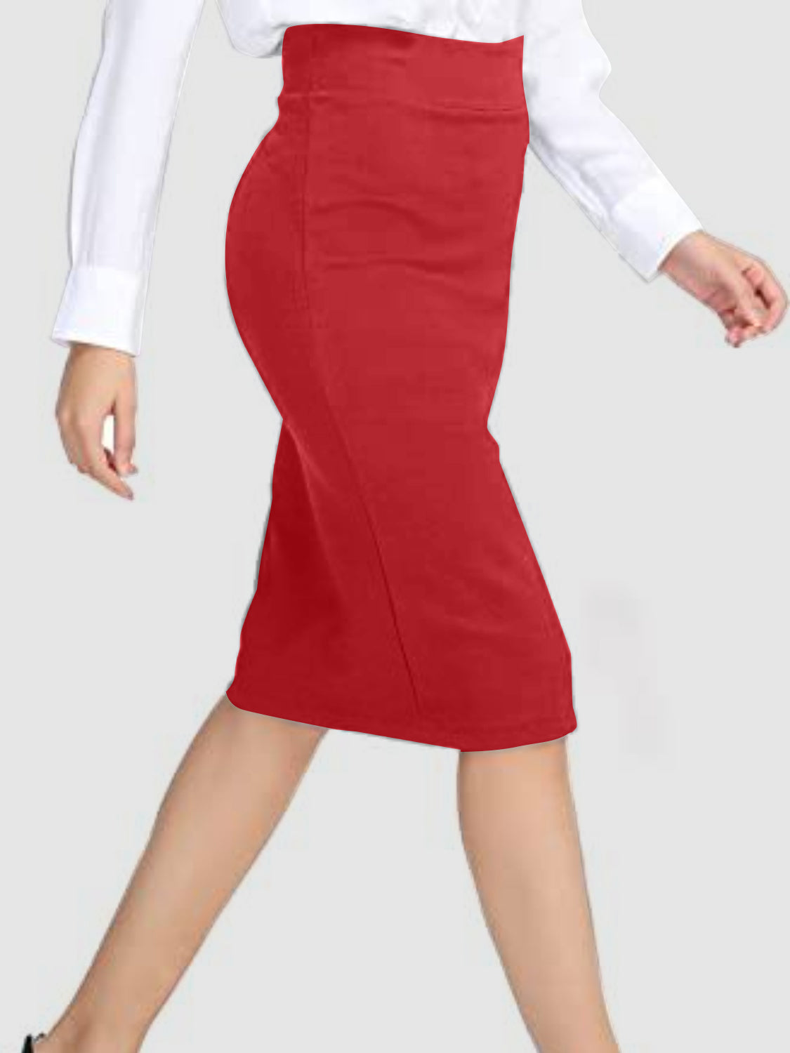 Red pencil skirt with a high waist and knee-length hem, styled with a white button-down shirt.