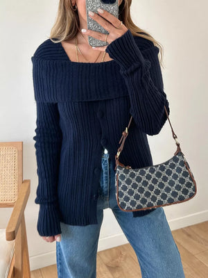 Navy textured knit maternity cardigan with square neckline and button front, styled with jeans.