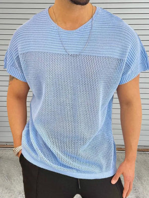 Light blue open knit boxy t-shirt with short sleeves and a crew neck.