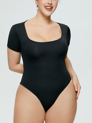 Black short sleeve bodysuit with square neckline.